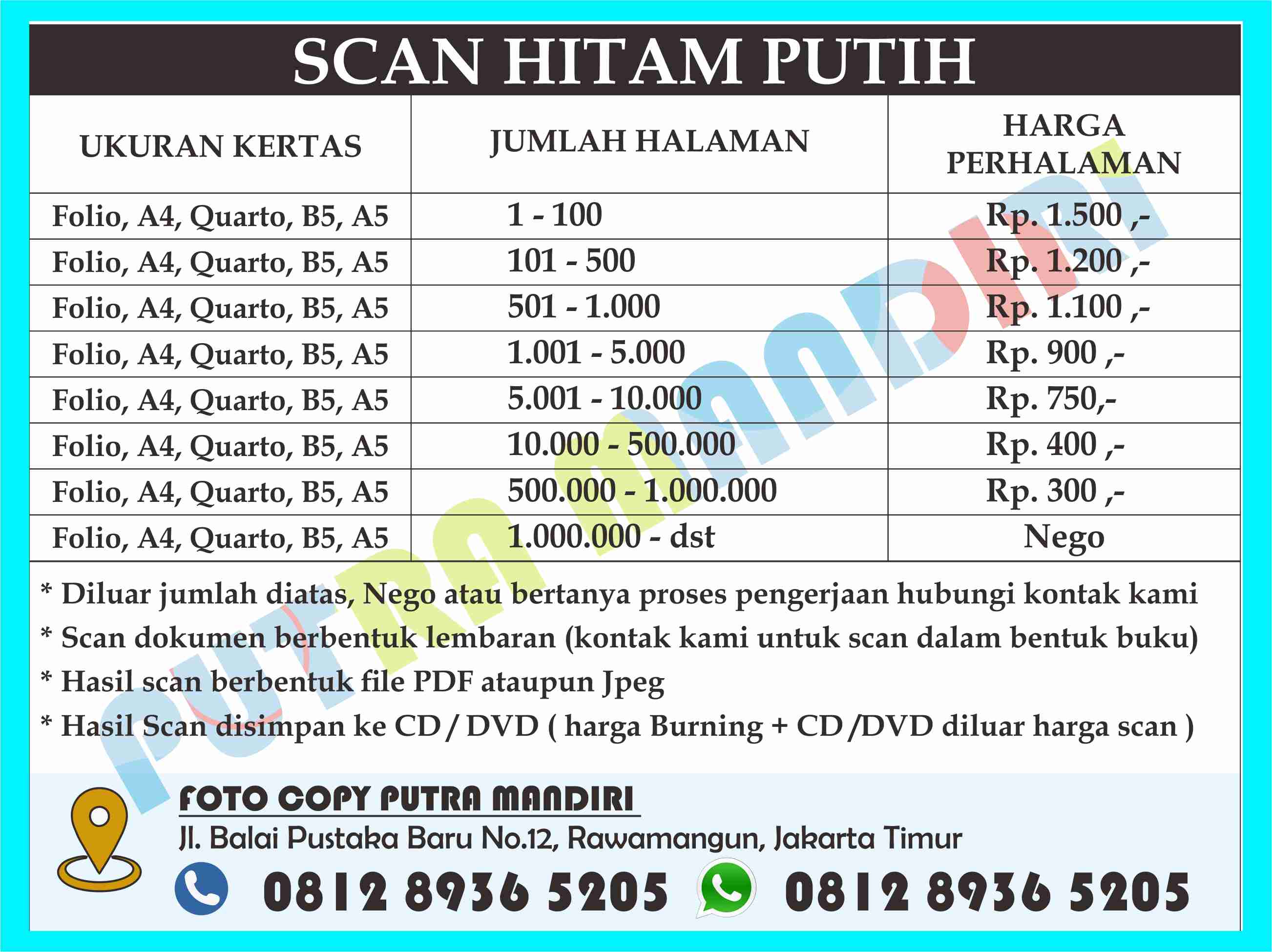 HARGA SCAN DOKUMEN  WARNA / HITAM PUTIH di Jakarta Timur