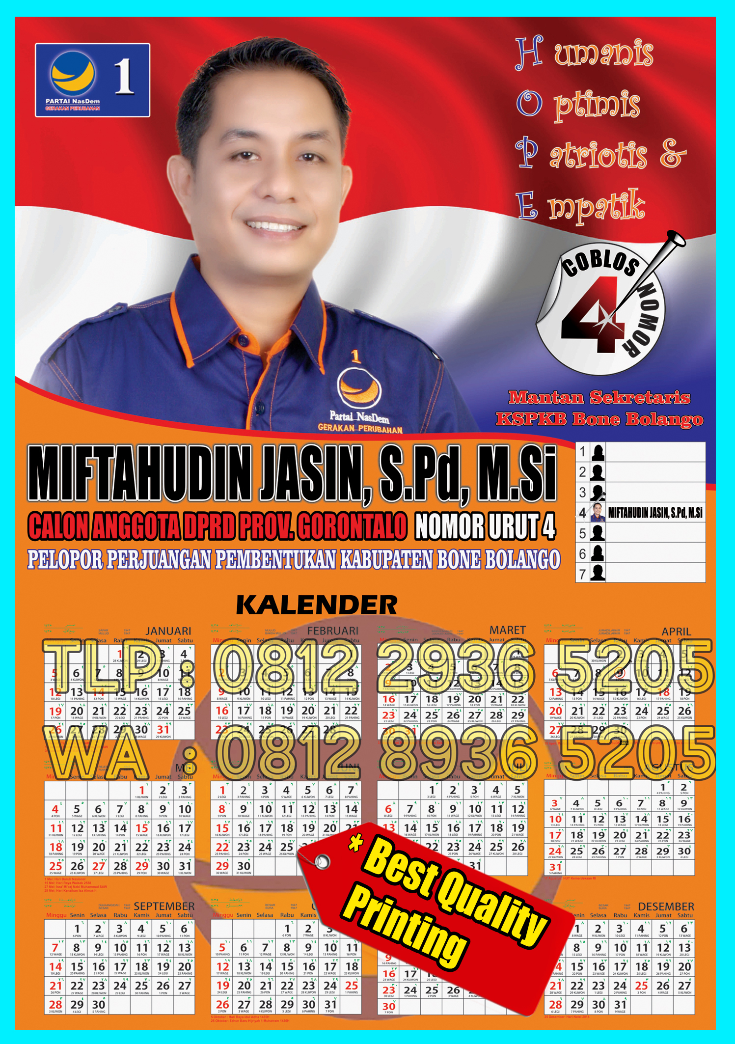 Cetak Kalender Caleg 2019 |Gerindra, PDIP, Demokrat, Nasdem